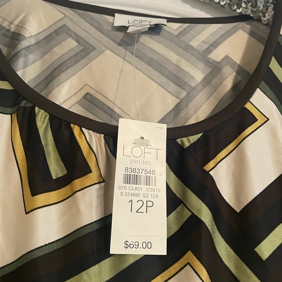 Ann Taylor Loft Dress Sz 12 P Beige Brown Artsy Geometric Print Dressy - Picture 2 of 5